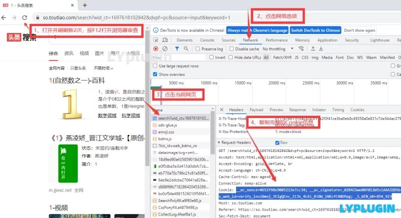 1、瀏覽器審查提取cookie教程，以頭條搜索為例 - 老陽插件